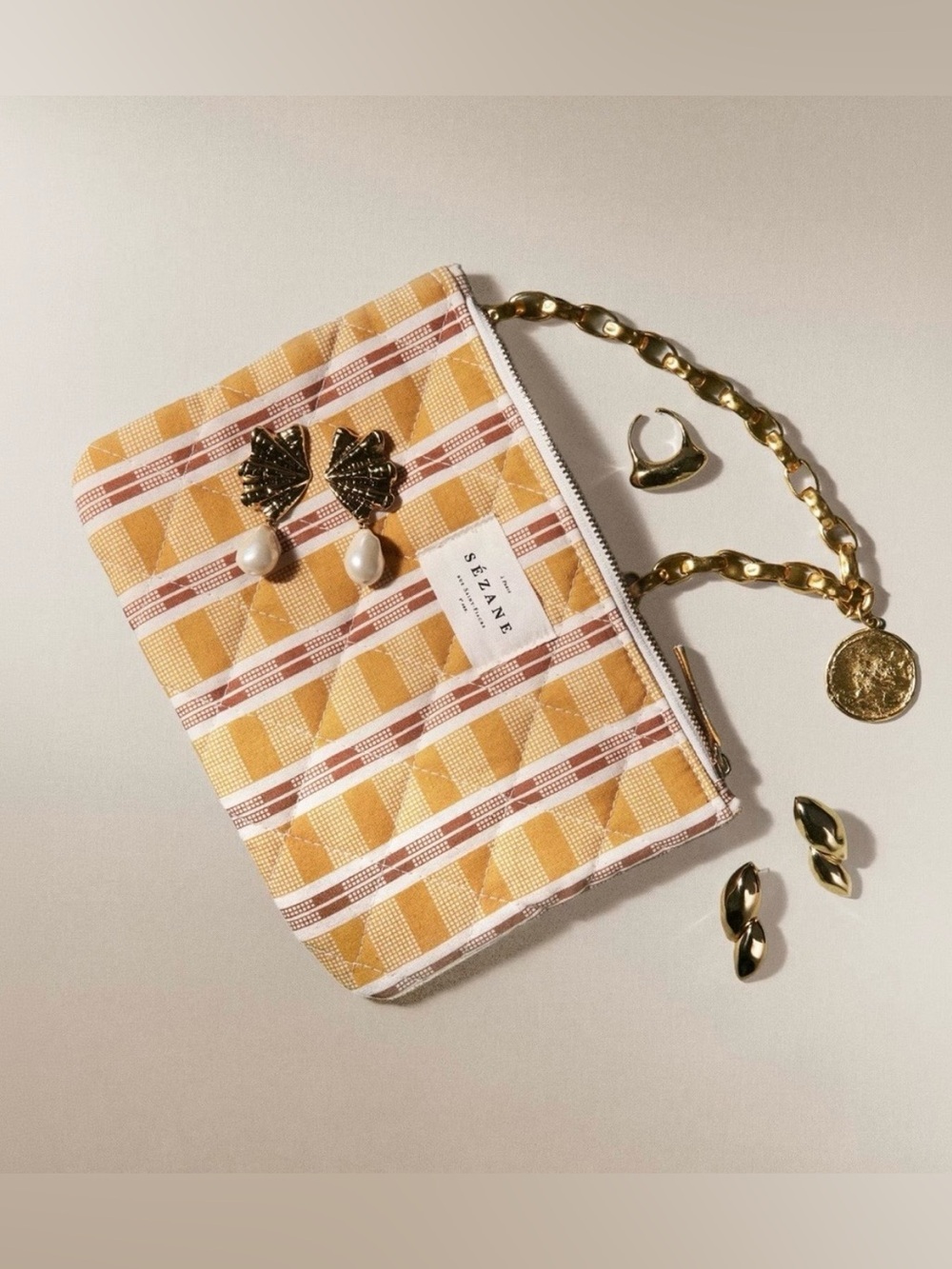 Sézane Gaston Pochette Ochre Plaid Quilted Cotton Clutch Pouch NWOT